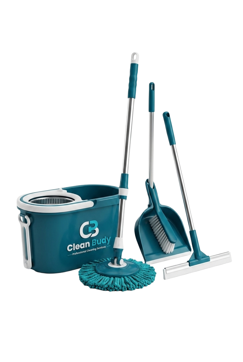 Cleanbudy's professional cleaning kit — mop, bucket, broom and squeegee